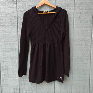 y2k Roxy Cable Knit Babydoll Hooded Sweater sz M Black Coquette Whimsygoth